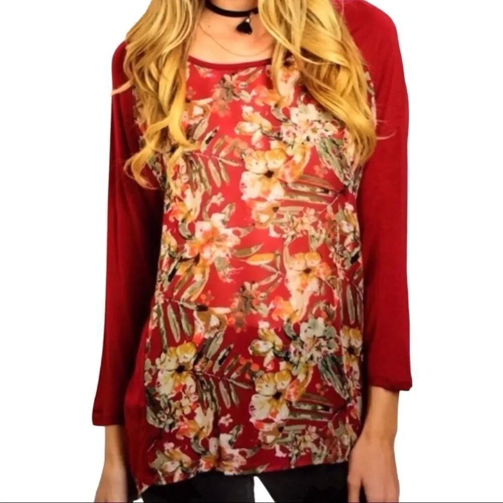 Dark Red Golden Floral Long Sleeve Lightweight Top NEW